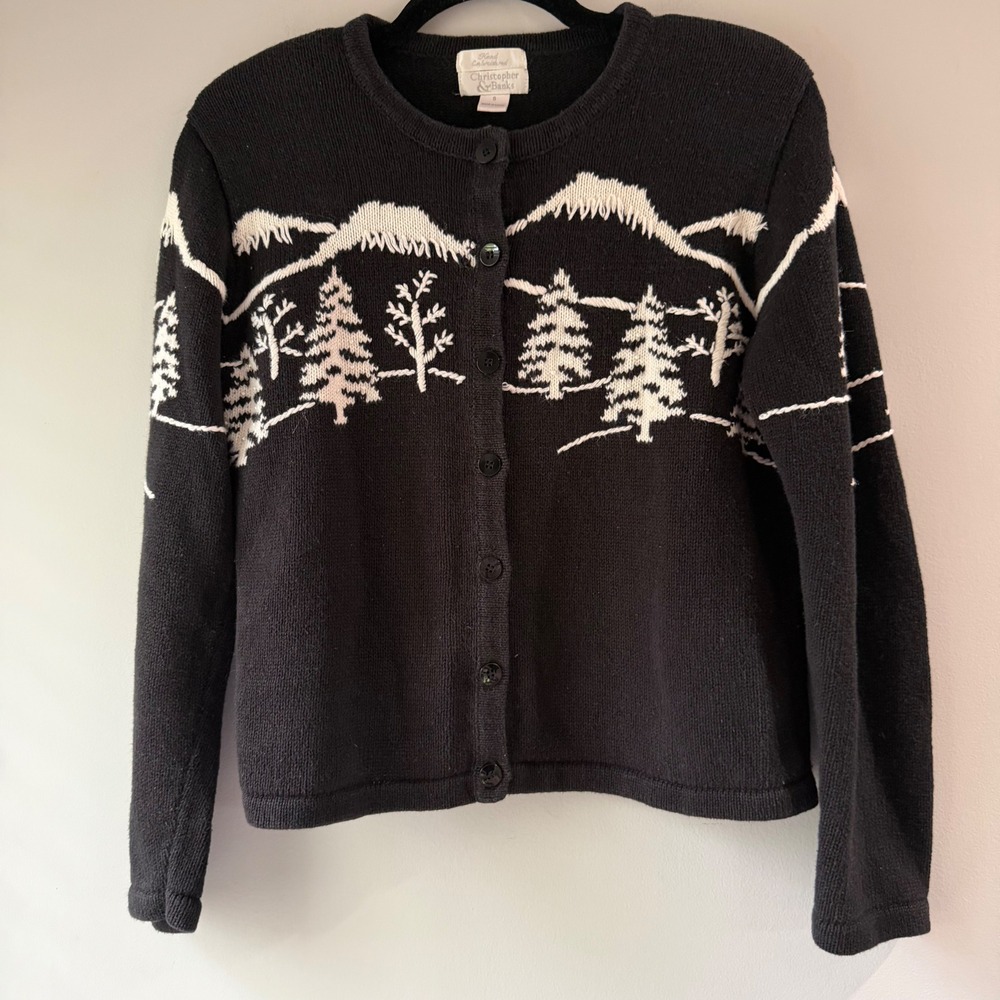 Vintage Christopher & Banks Cardigan Black Hand Embroidered Mountain Winter 5045